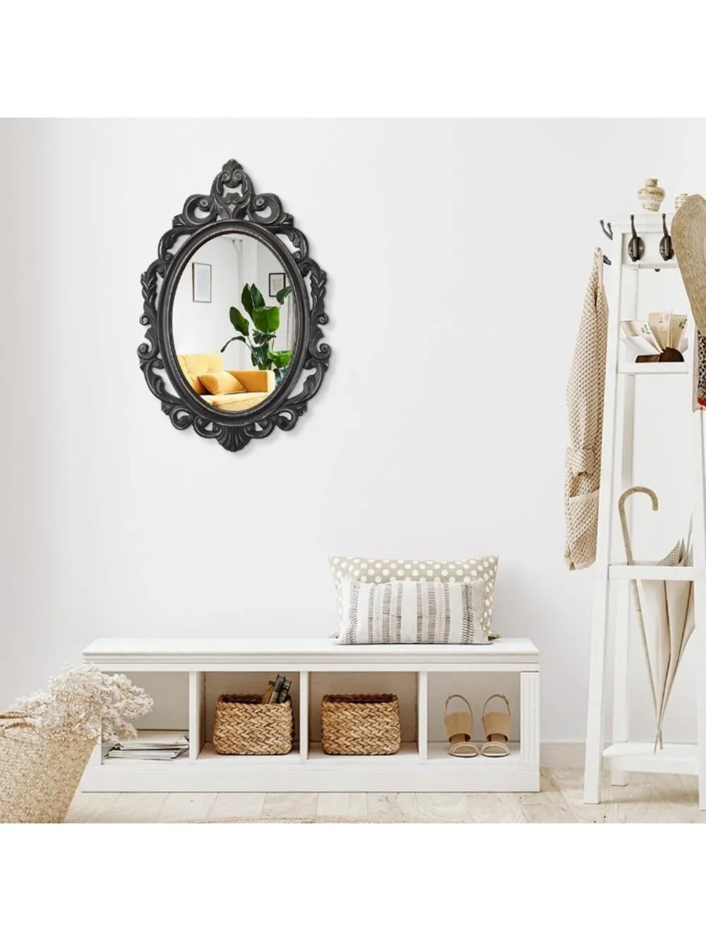 Vintage Black Oval Wooden Frame Wall Mirror - Baroque Style Decorative Antique